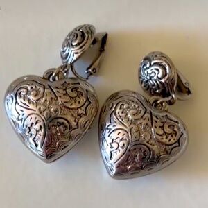 Vintage AVON Silver-Tone Dangle Heart Earrings – Embossed Design